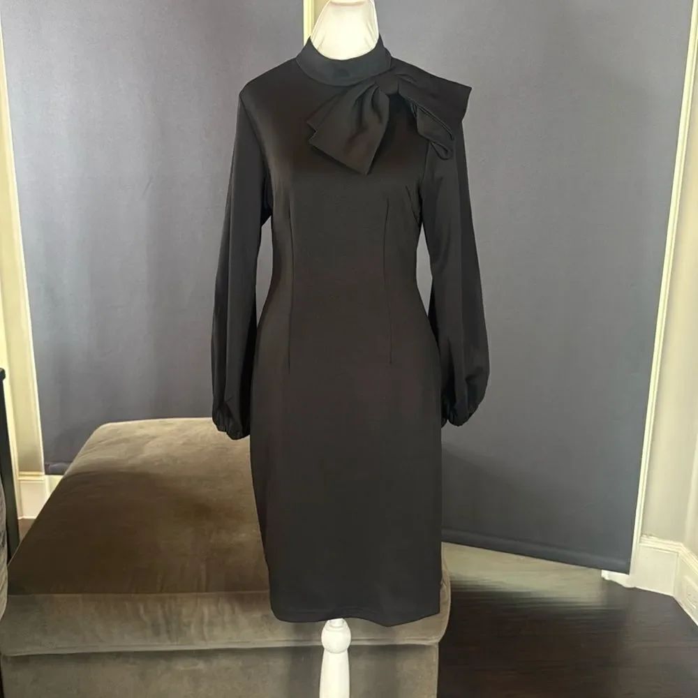 Women’s Black Long Sleeve Midi Pencil Dress with Bow Detail Size XL NEW